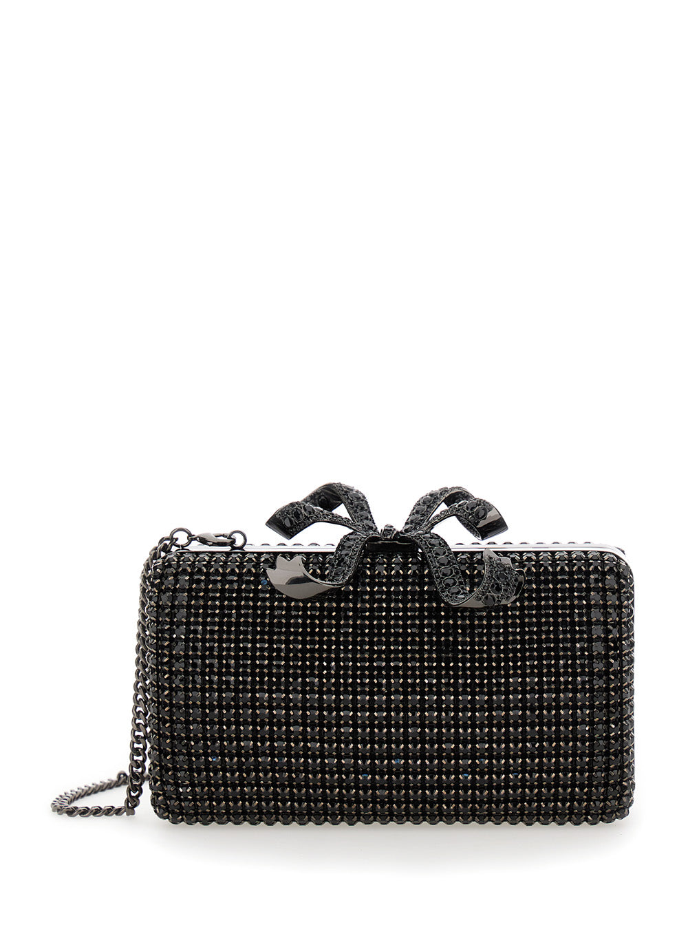 Black Clutch With Bow On The Front And All-Over Crystal Decorations Techfabric Woman Polyester Clutches Pochettes