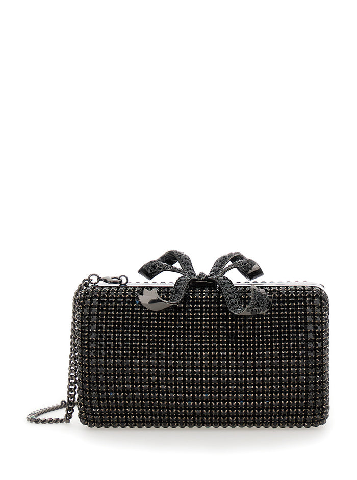 Black Clutch With Bow On The Front And All-Over Crystal Decorations Techfabric Woman Polyester Clutches Pochettes