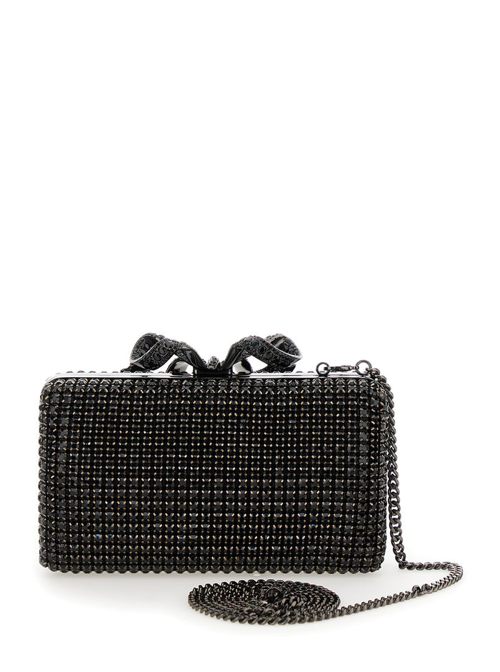 Black Clutch With Bow On The Front And All-Over Crystal Decorations Techfabric Woman Polyester Clutches Pochettes