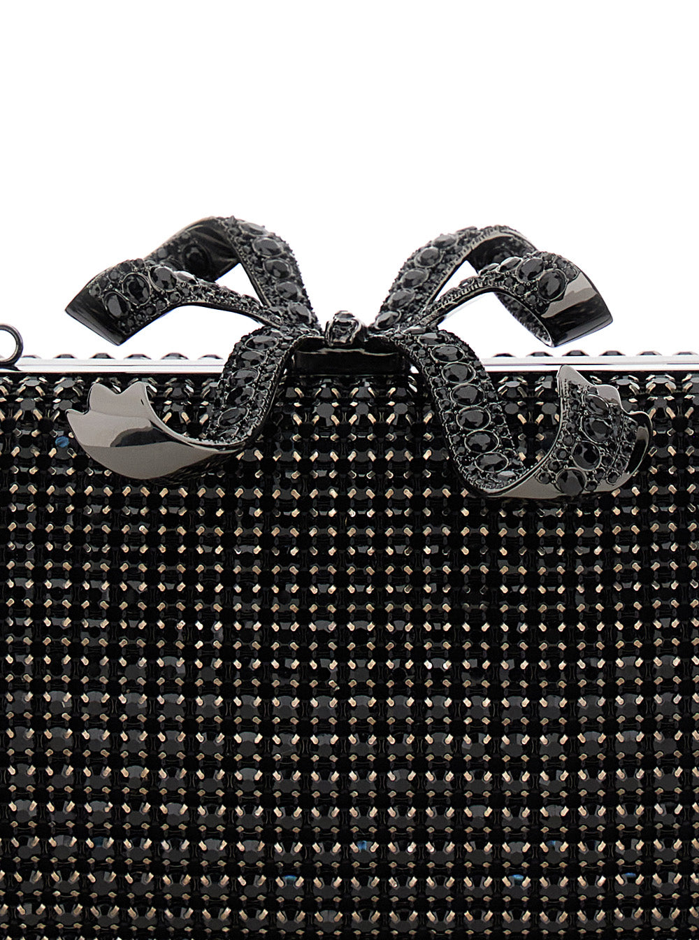 Black Clutch With Bow On The Front And All-Over Crystal Decorations Techfabric Woman Polyester Clutches Pochettes