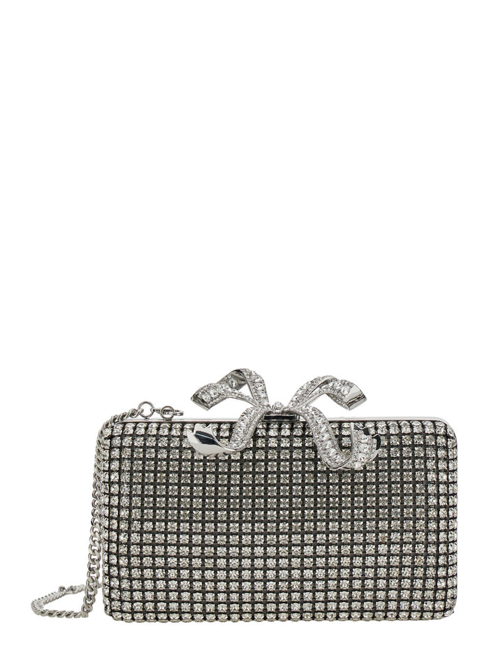 Silver Clutch With Bow On The Front And All-Over Crystal Decorations Techfabric Woman Metallic Polyester Clutches Pochettes