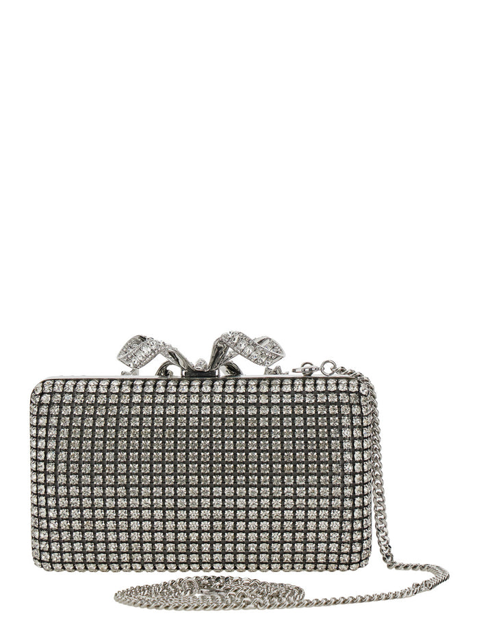 Silver Clutch With Bow On The Front And All-Over Crystal Decorations Techfabric Woman Metallic Polyester Clutches Pochettes