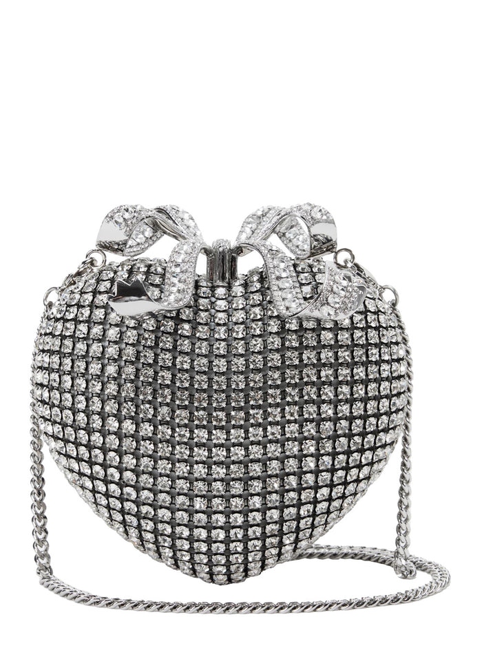 Heart Silver Clutch With Bow On The Front And All-Over Crystal Decorations Tech Fabric Woman Metallic Polyester Clutches Pochettes