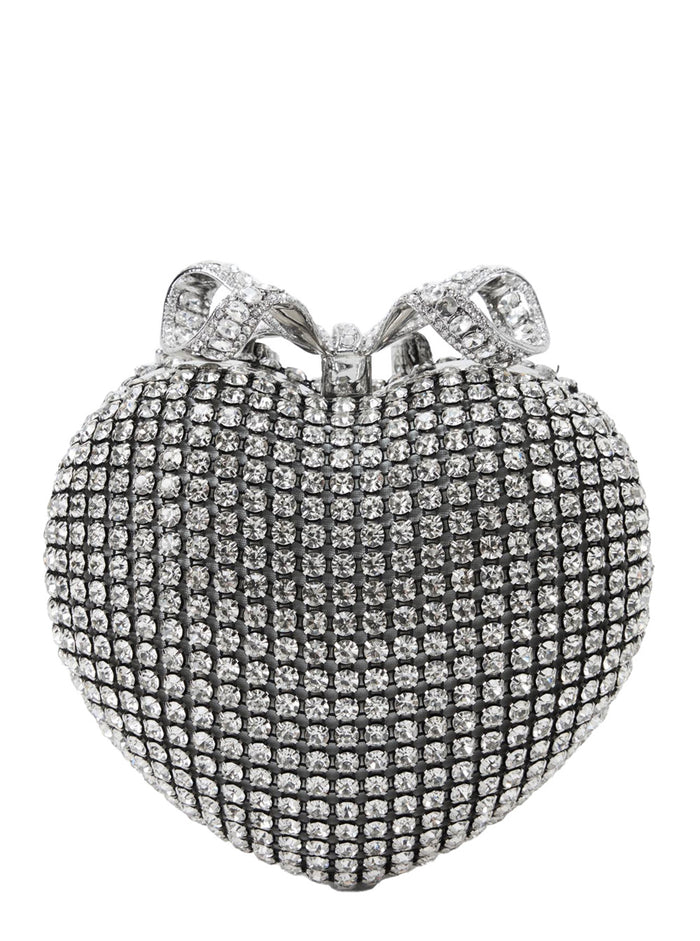 Heart Silver Clutch With Bow On The Front And All-Over Crystal Decorations Tech Fabric Woman Metallic Polyester Clutches Pochettes