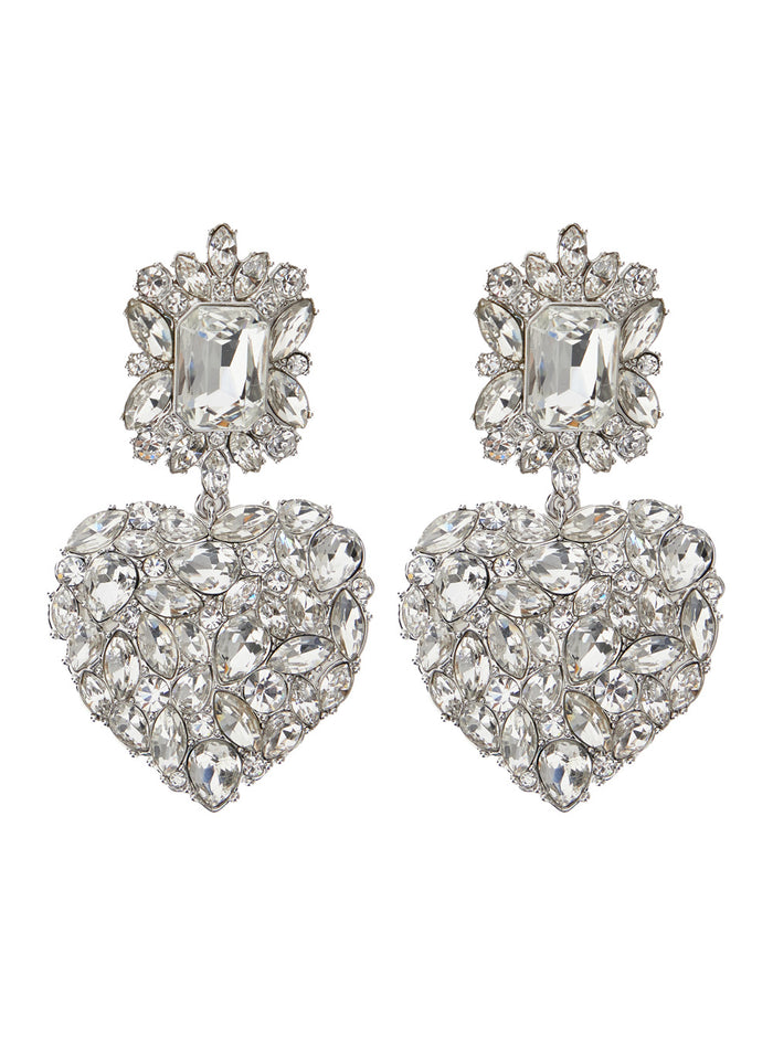 Silver-Colored Pendant Earrings With All-Over Applied Crystals Brass Woman Metallic