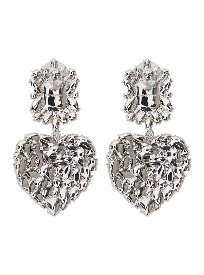 Silver-Colored Pendant Earrings With All-Over Applied Crystals Brass Woman Metallic