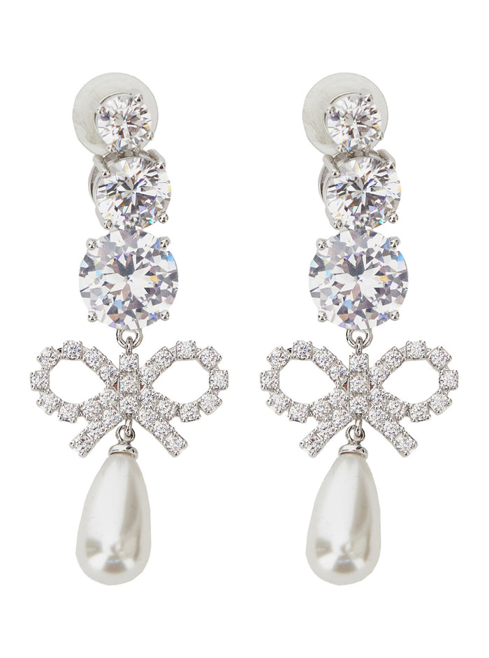 Silver-Colored Earrings With All-Over Applied Crystals And Pearls On The Ends Brass Woman Metallic
