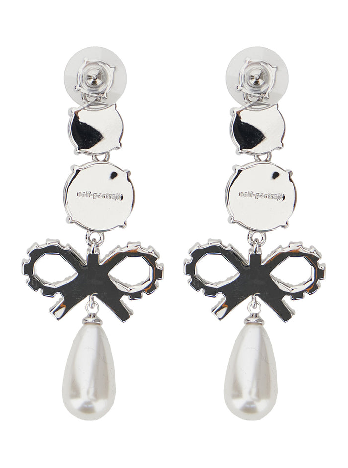 Silver-Colored Earrings With All-Over Applied Crystals And Pearls On The Ends Brass Woman Metallic