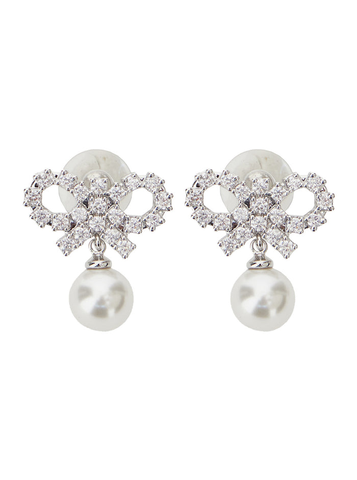 Silver-Colored Earrings With All-Over Crystals And Pearls Brass Woman Metallic