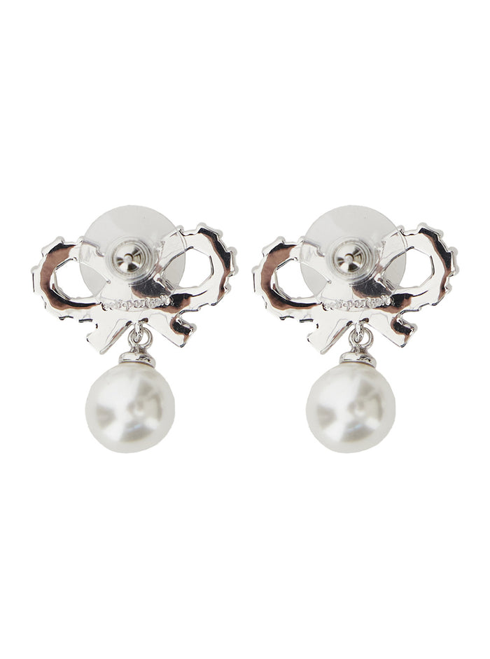 Silver-Colored Earrings With All-Over Crystals And Pearls Brass Woman Metallic