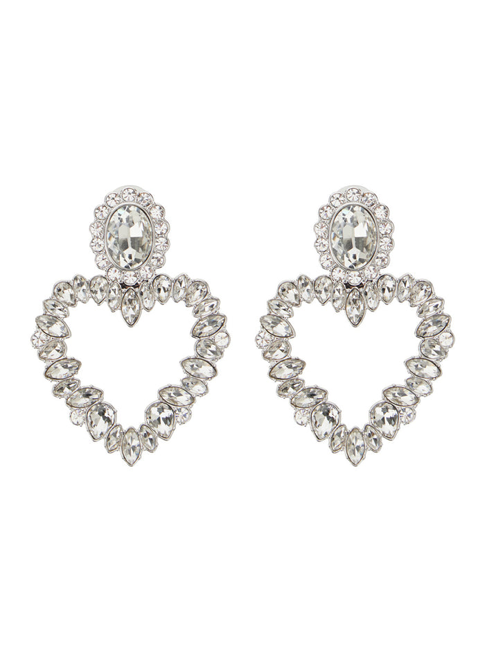 Silver-Colored Heart-Shaped Earrings With All-Over Applied Crystals Brass Woman Metallic