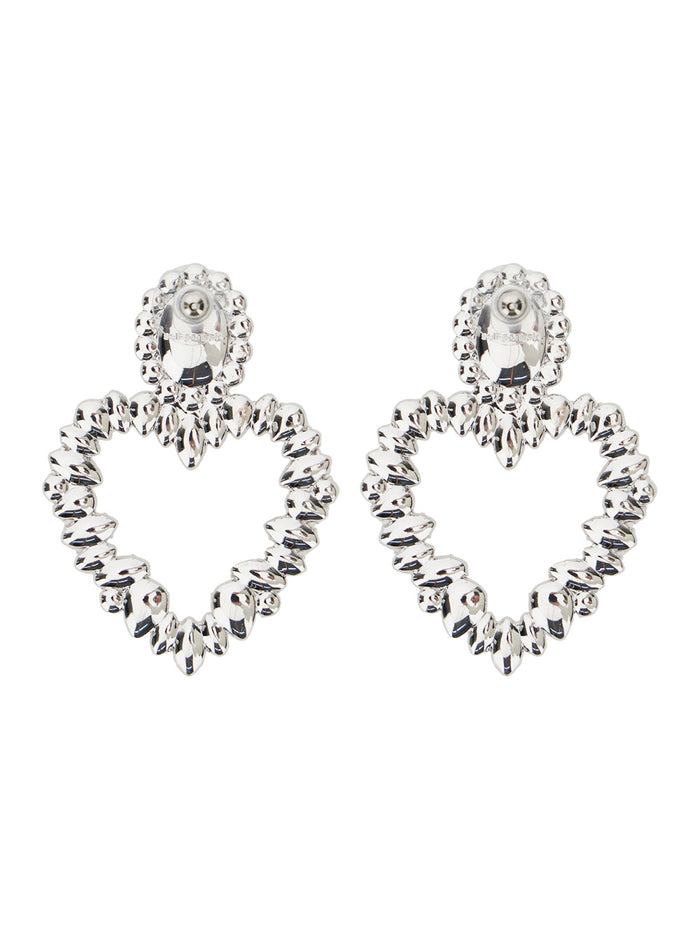 Silver-Colored Heart-Shaped Earrings With All-Over Applied Crystals Brass Woman Metallic