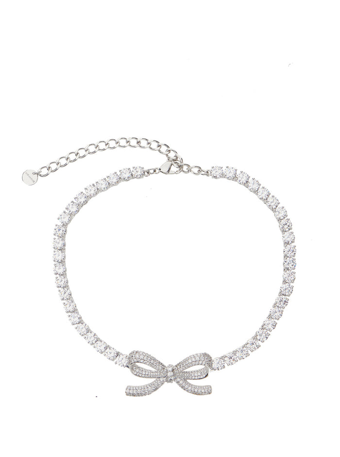 Silver-Colored Necklace With Bow Detail And All-Over Applied Crystals Brass Woman Metallic Necklaces