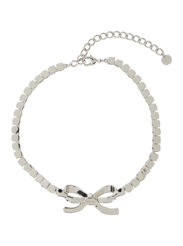 Silver-Colored Necklace With Bow Detail And All-Over Applied Crystals Brass Woman Metallic Necklaces