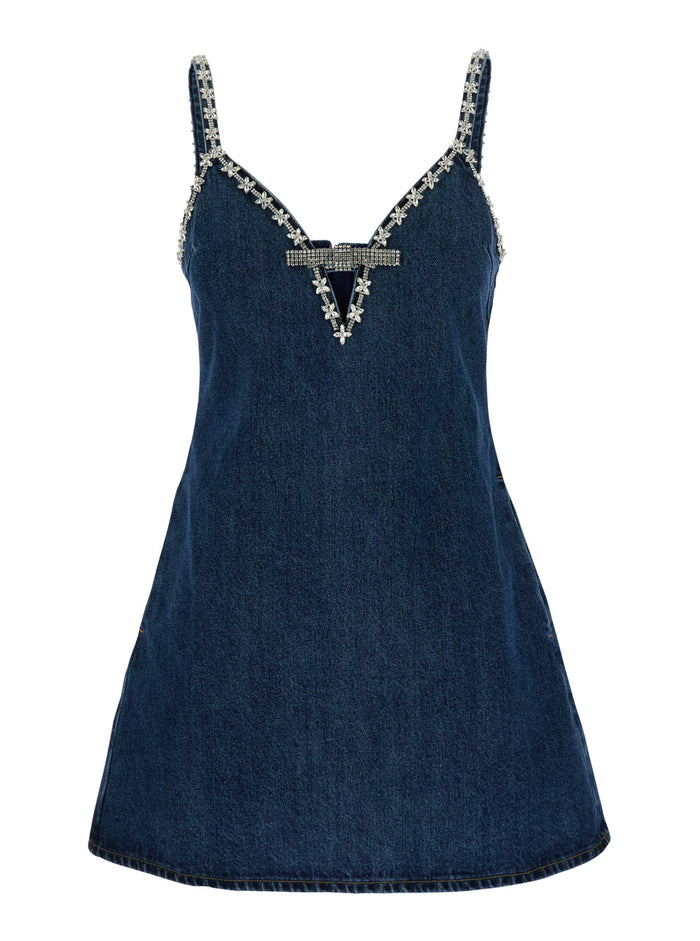 Blue Mini Dress With Bow Detail On The Front And Crystal Embellishment Denim Woman Blu