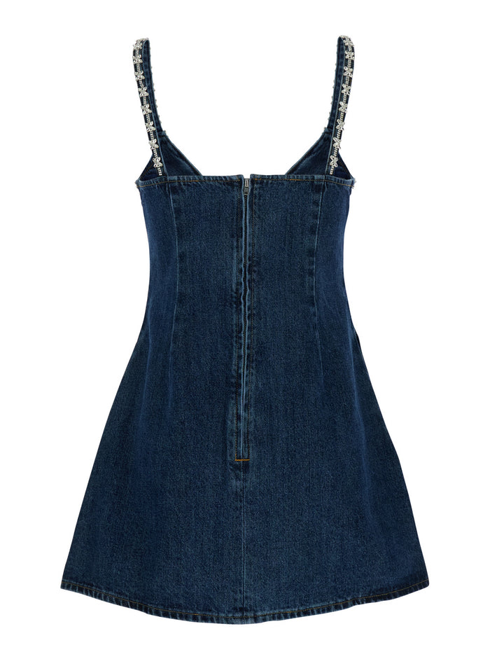 Blue Mini Dress With Bow Detail On The Front And Crystal Embellishment Denim Woman Blu