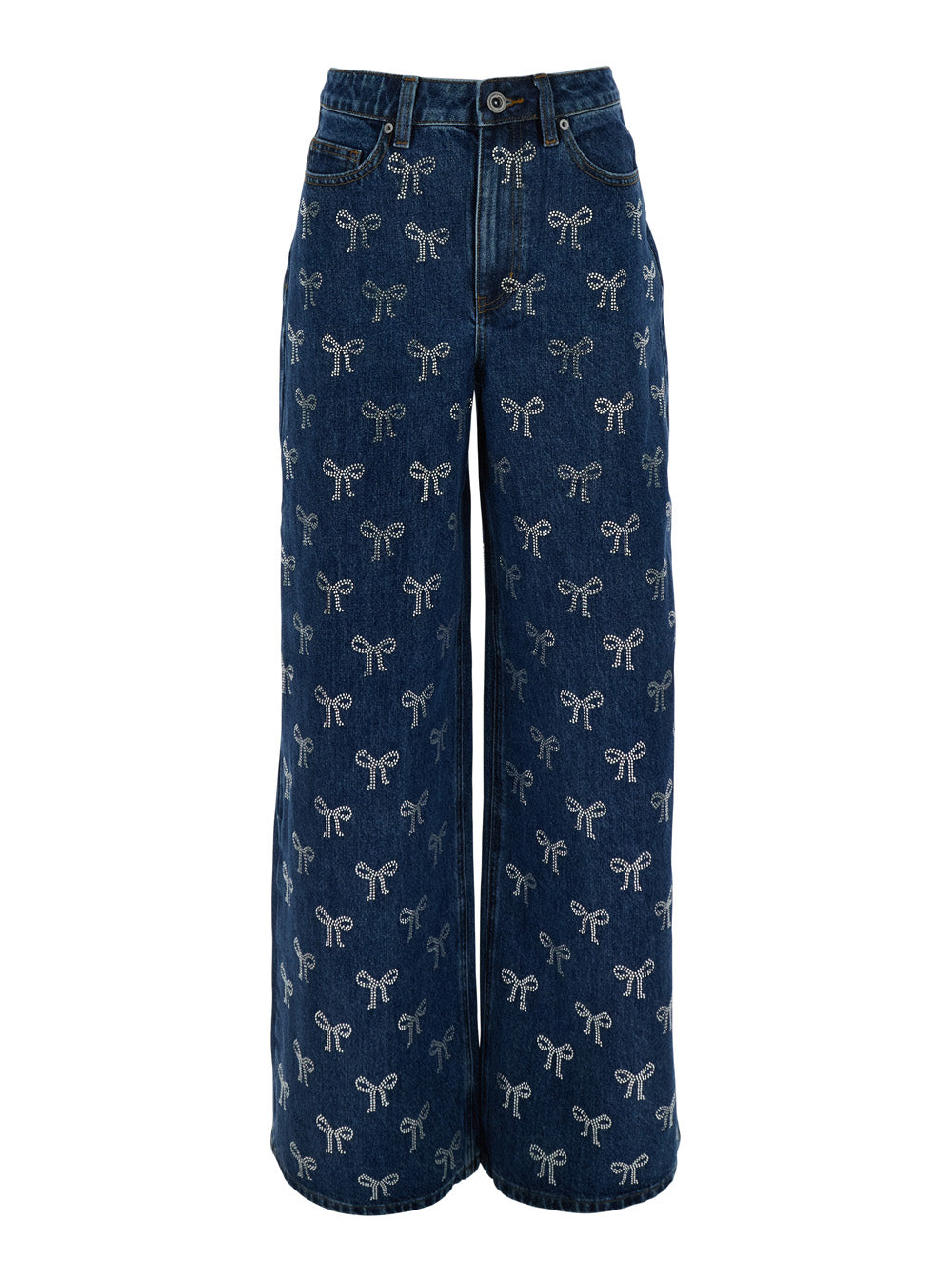 Blue Jeans With All-Over Rhinestoned Bow Embellishments Denim Woman Blu