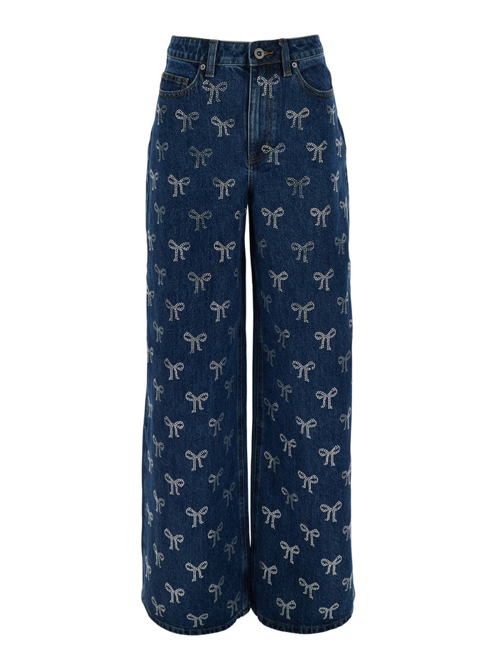 Blue Jeans With All-Over Rhinestoned Bow Embellishments Denim Woman Blu