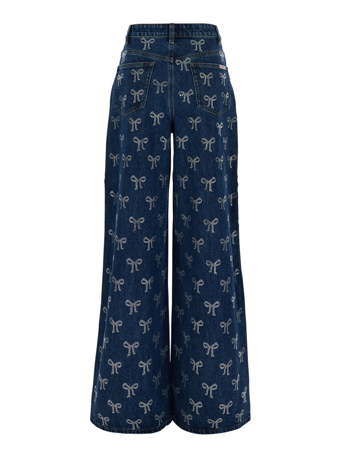 Blue Jeans With All-Over Rhinestoned Bow Embellishments Denim Woman Blu