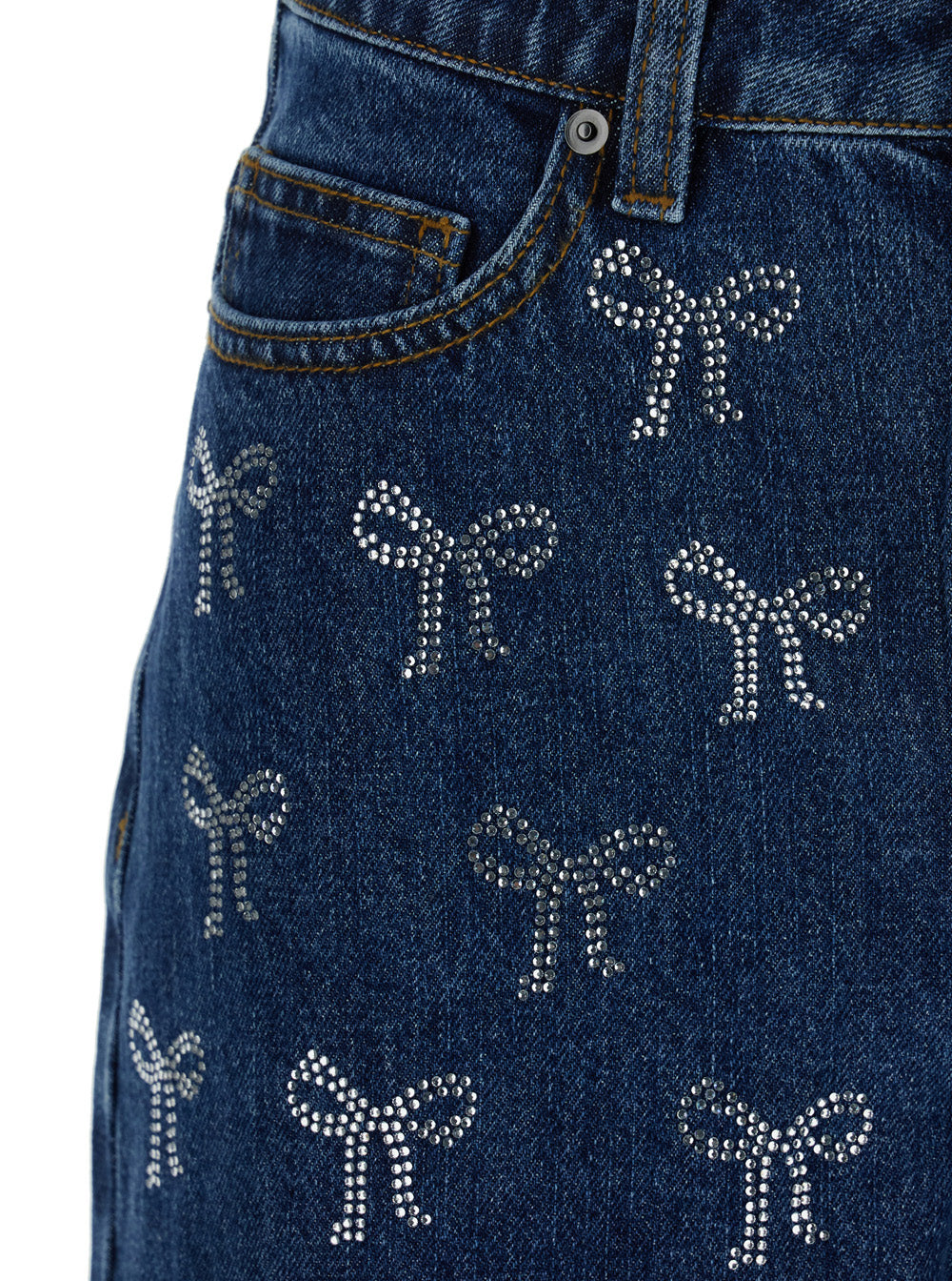 Blue Jeans With All-Over Rhinestoned Bow Embellishments Denim Woman Blu