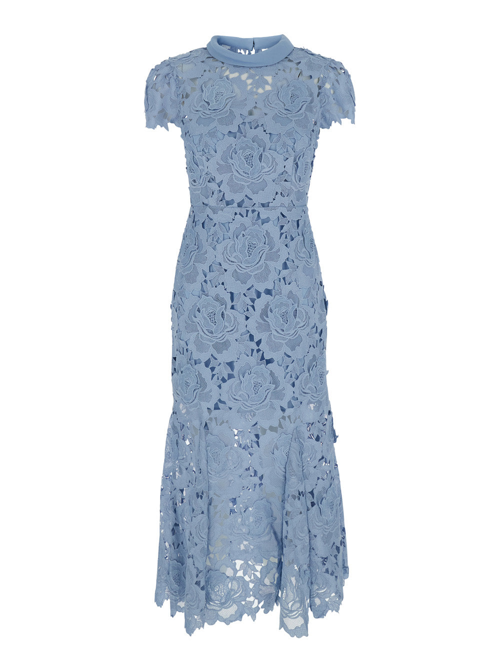 Blue Crewneck Midi Dress With All-Over Floral Lace Embroidery Tech Fabric Woman Blu Long