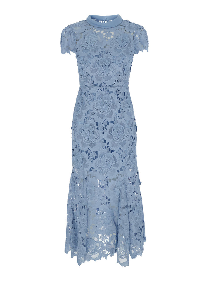 Blue Crewneck Midi Dress With All-Over Floral Lace Embroidery Tech Fabric Woman Blu Long