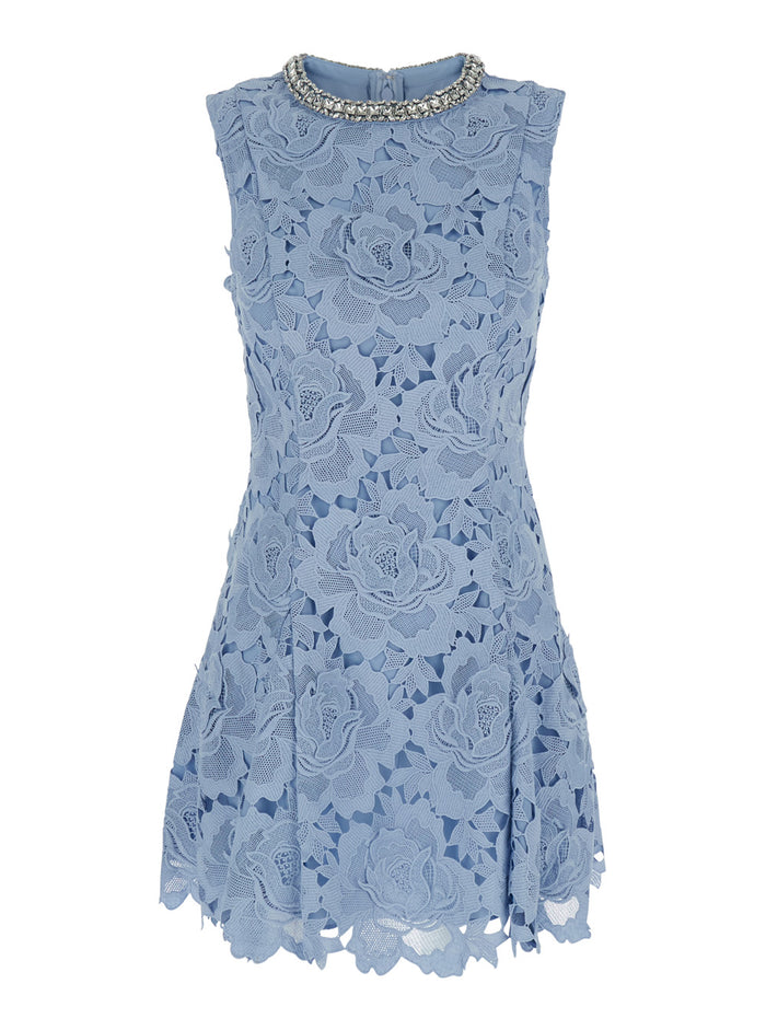 Bue Crewneck Mini Dress With Rhinestoned Collar And All-Over Floral Lace Embroidery Tech Fabric Woman Light Blue