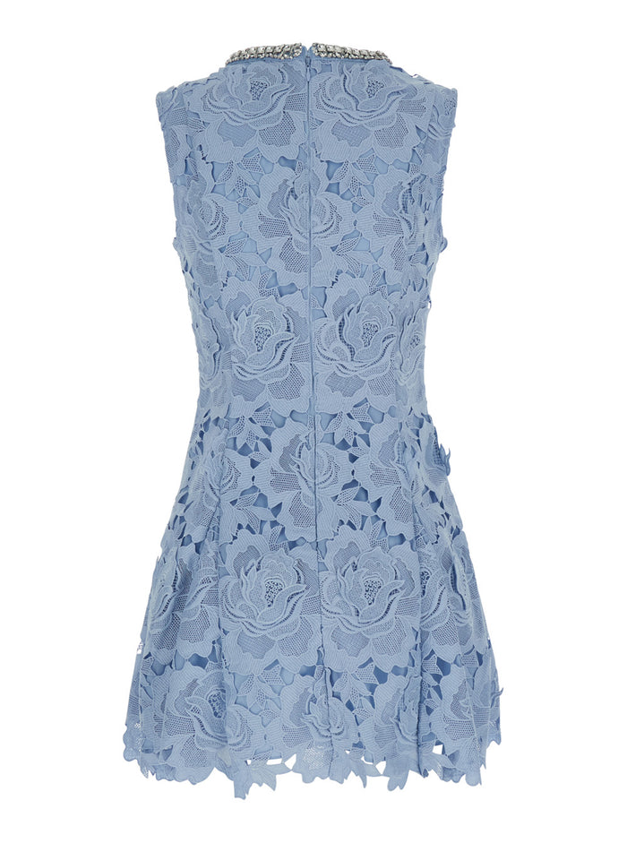 Bue Crewneck Mini Dress With Rhinestoned Collar And All-Over Floral Lace Embroidery Tech Fabric Woman Light Blue