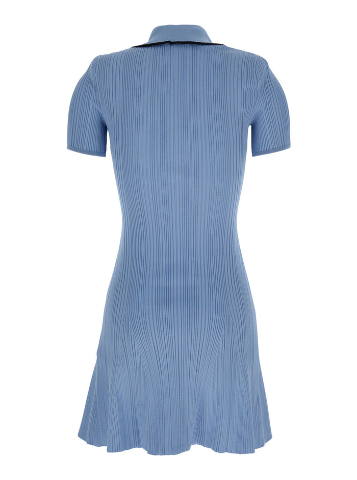 Blue Mini Dress With Notched Collar And Front Button Placket Viscose Blend Stretch Woman Light