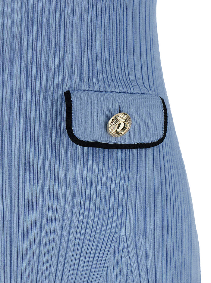 Blue Mini Dress With Notched Collar And Front Button Placket Viscose Blend Stretch Woman Light