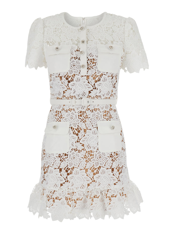 White Mini Dress With Jewel Buttons Crystals And All-Over Floral Lace Embroidery Tehc Fabric Woman