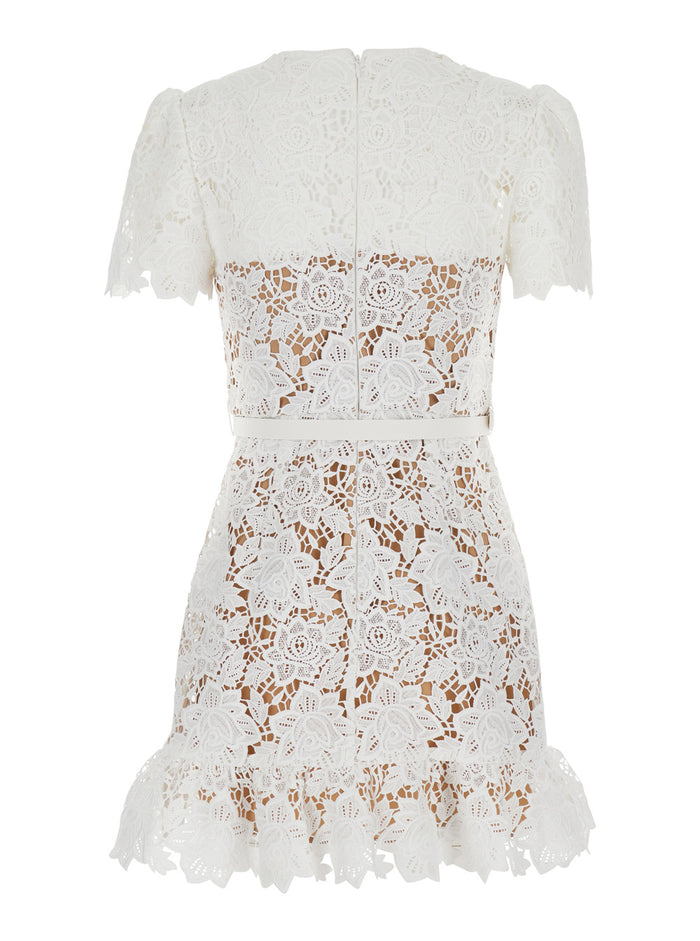 White Mini Dress With Jewel Buttons Crystals And All-Over Floral Lace Embroidery Tehc Fabric Woman