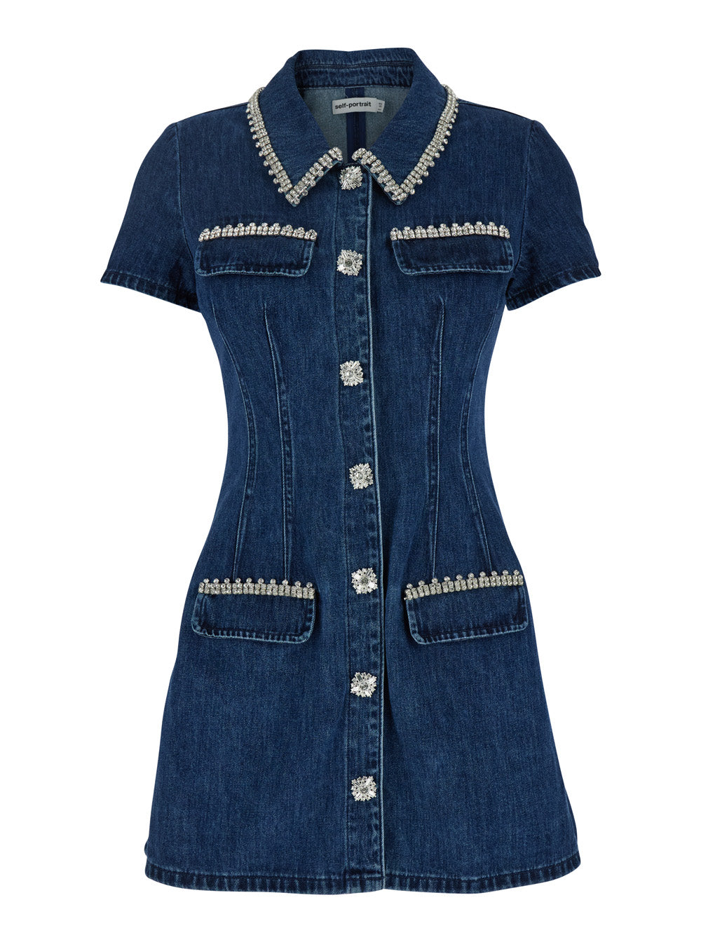 Blue Mini Dress With Rhinestoned Collar And Jewel Buttons Crystals Denim Woman Blu Cotton