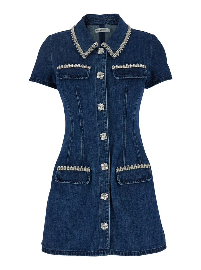 Blue Mini Dress With Rhinestoned Collar And Jewel Buttons Crystals Denim Woman Blu Cotton