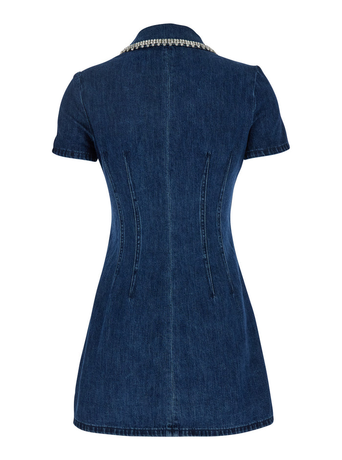 Blue Mini Dress With Rhinestoned Collar And Jewel Buttons Crystals Denim Woman Blu Cotton