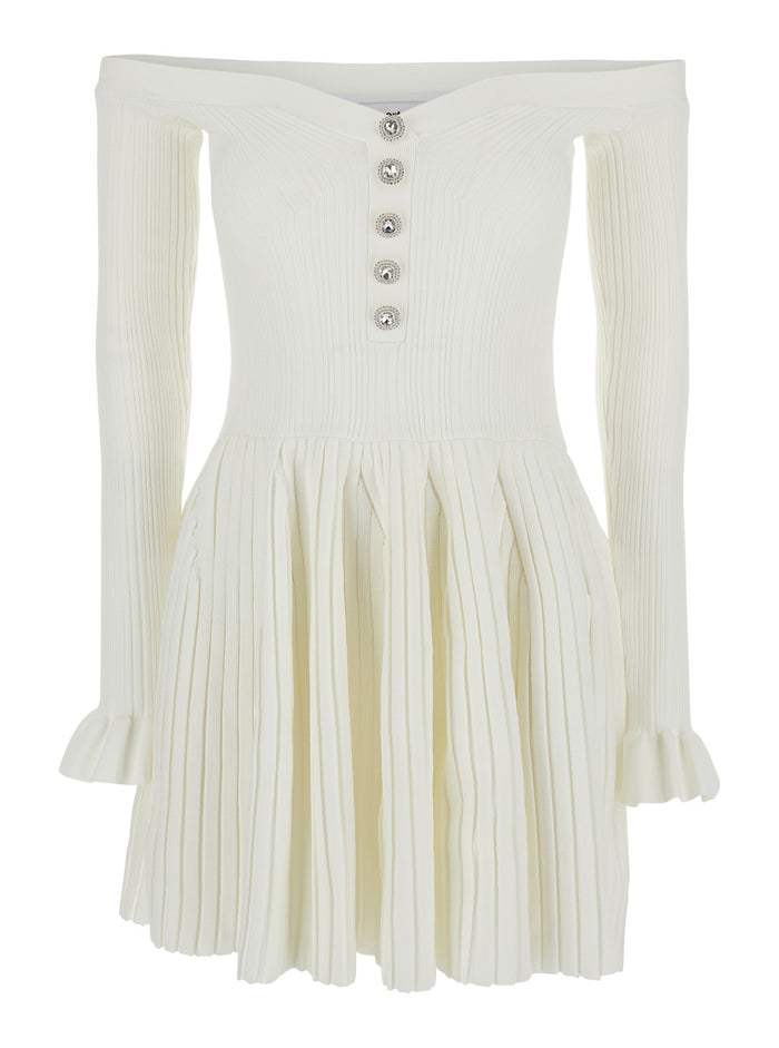 White Off-Shoulder Mini Dress With All-Over Striped Motif Viscose Blend Stretch Woman
