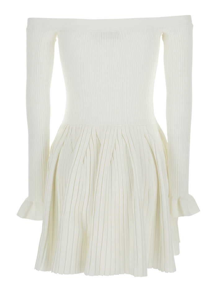 White Off-Shoulder Mini Dress With All-Over Striped Motif Viscose Blend Stretch Woman