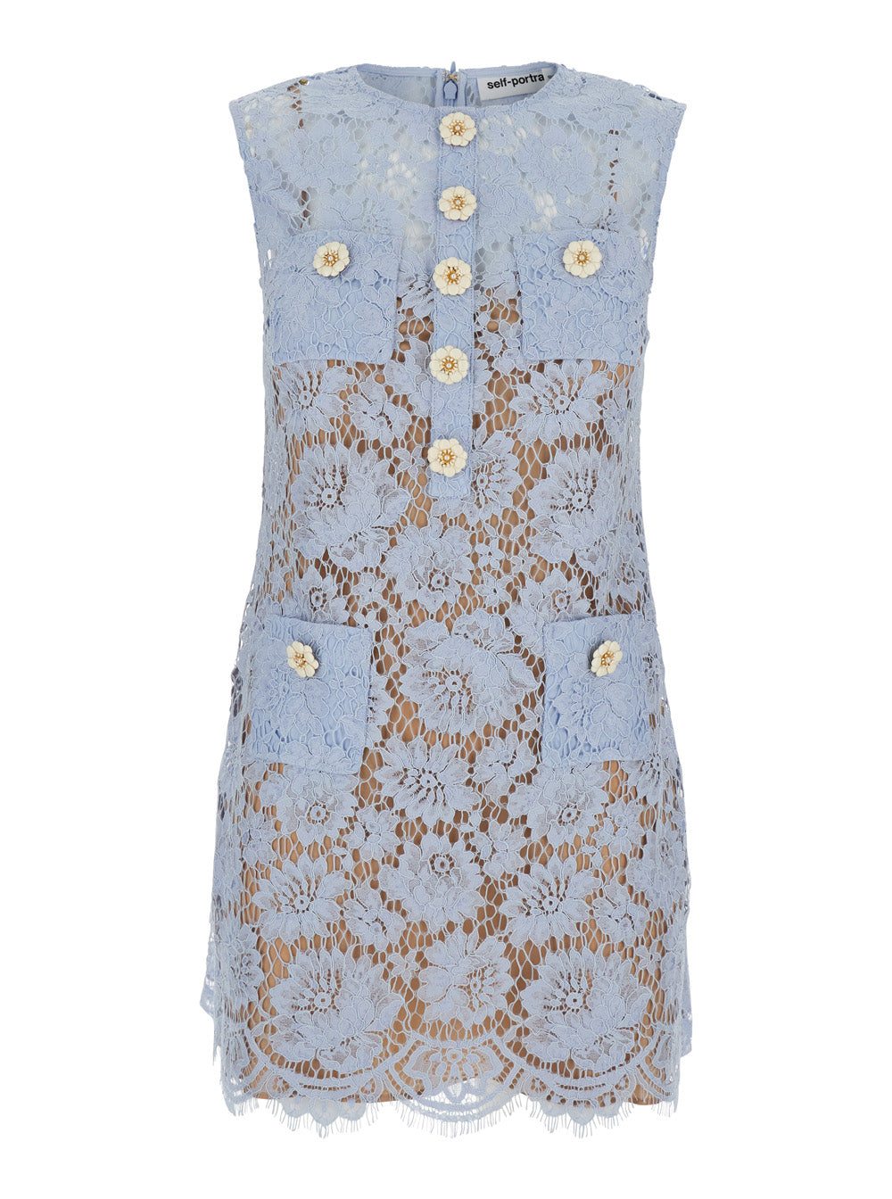 Blue Crewneck Mini Dress With All-Over Lace Embroidery And Scallop Hem Cotton Blend Woman Blu Polyamid Viscose