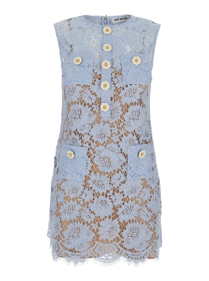 Blue Crewneck Mini Dress With All-Over Lace Embroidery And Scallop Hem Cotton Blend Woman Blu Polyamid Viscose