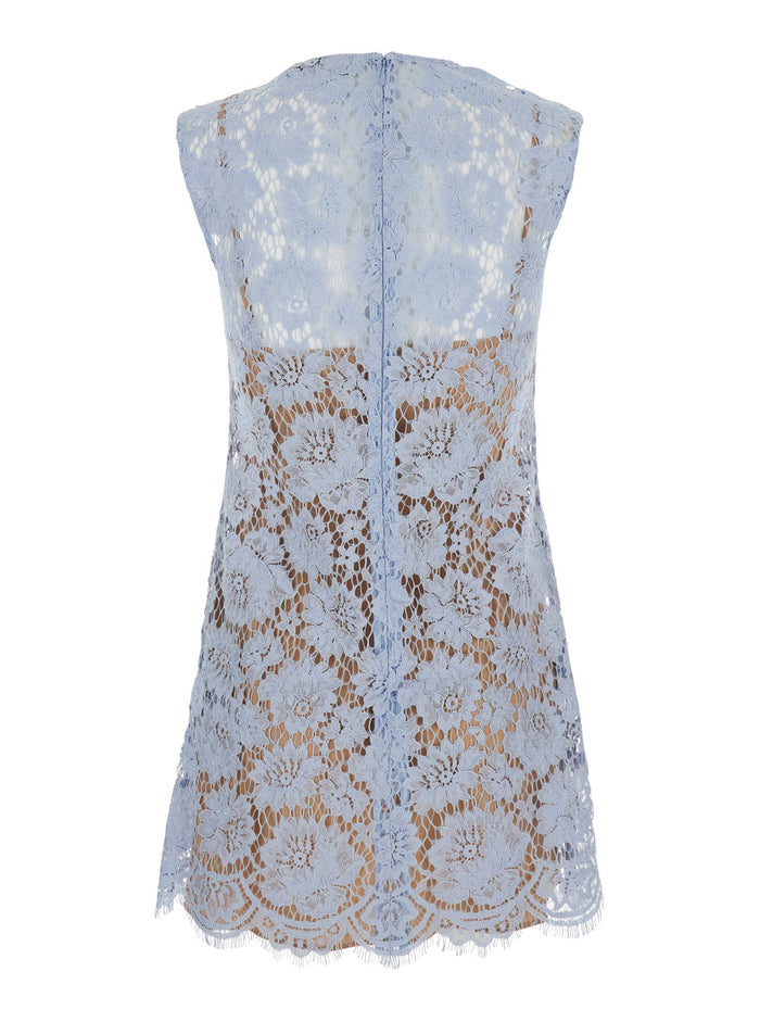 Blue Crewneck Mini Dress With All-Over Lace Embroidery And Scallop Hem Cotton Blend Woman Blu Polyamid Viscose