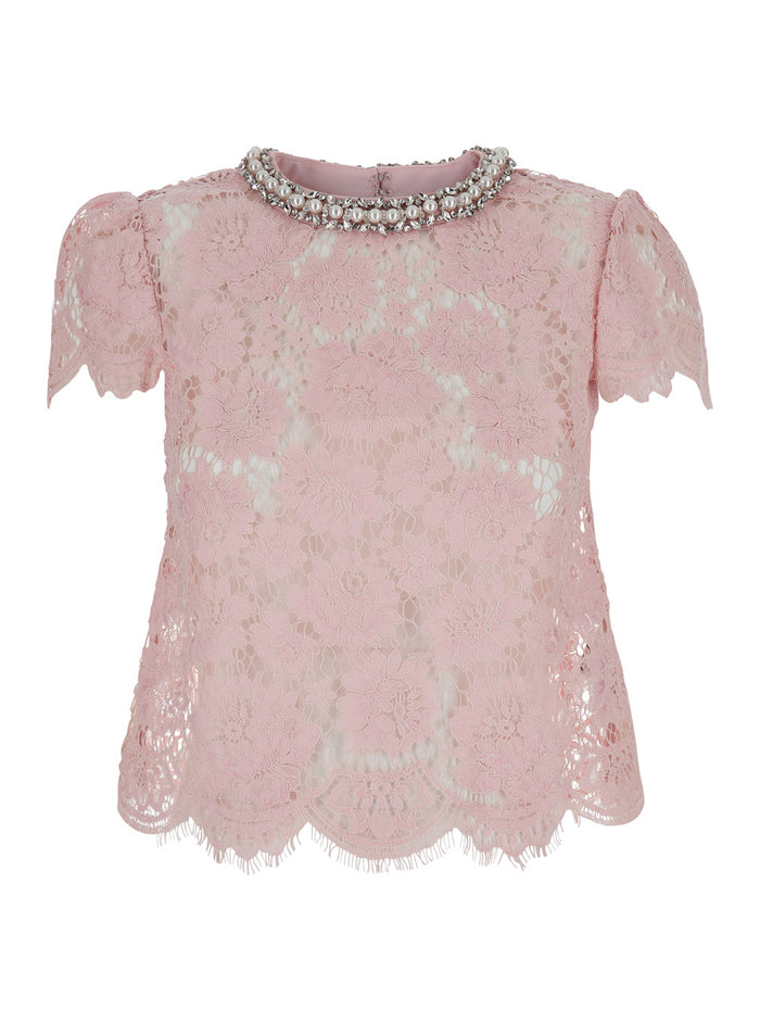 Pink Crewneck Top With Jewel Embellishment On The Collar And All-Over Lace Embroidery Cotton Blend Woman Polyamid Viscose Tops