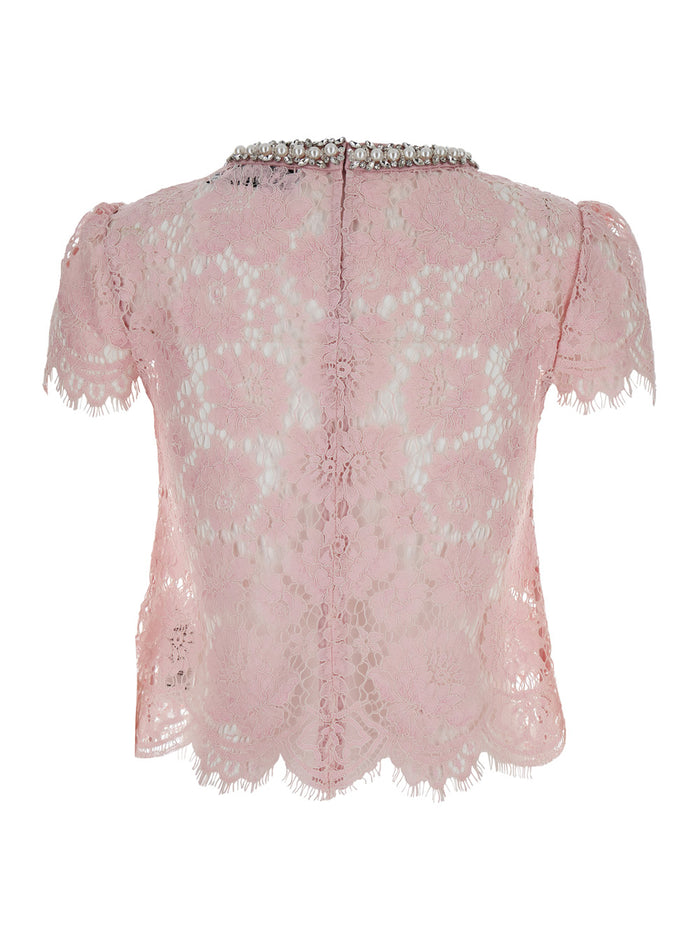 Pink Crewneck Top With Jewel Embellishment On The Collar And All-Over Lace Embroidery Cotton Blend Woman Polyamid Viscose Tops