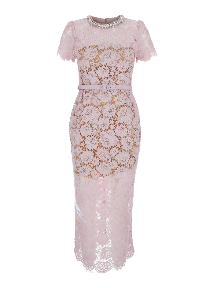 Pink Crewneck Midi Dress With All-Over Lace Embroidery And Jewel Embellishment On The Collar Cotton Blend Woman Polyamid Viscose