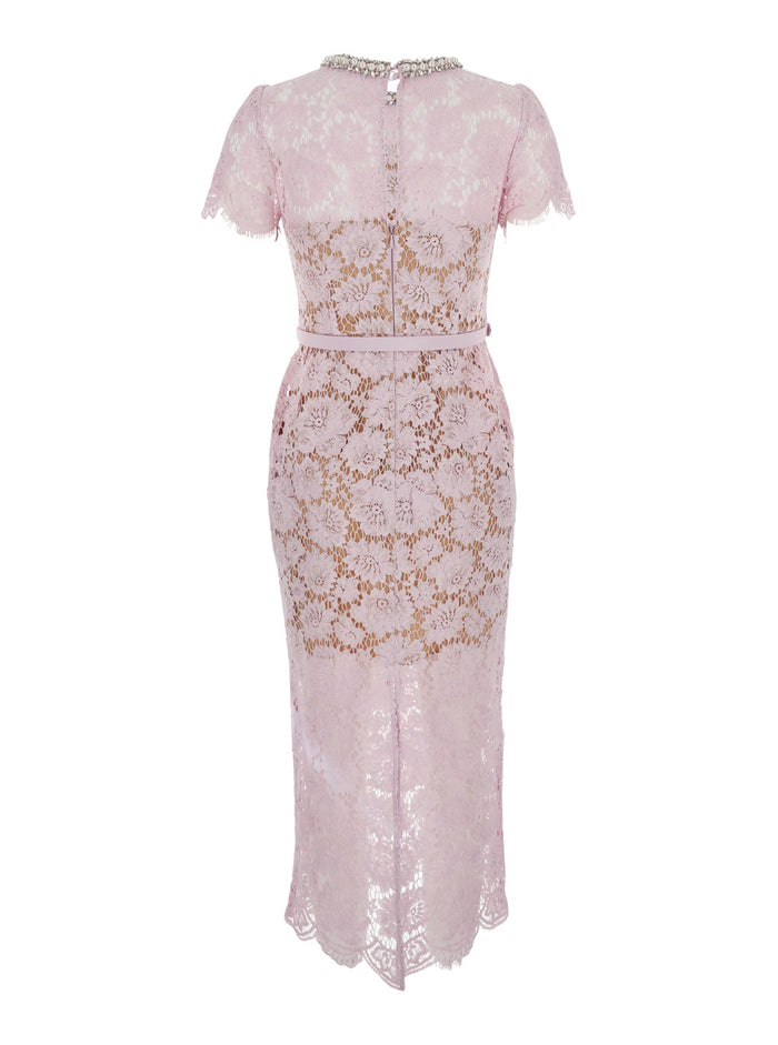 Pink Crewneck Midi Dress With All-Over Lace Embroidery And Jewel Embellishment On The Collar Cotton Blend Woman Polyamid Viscose