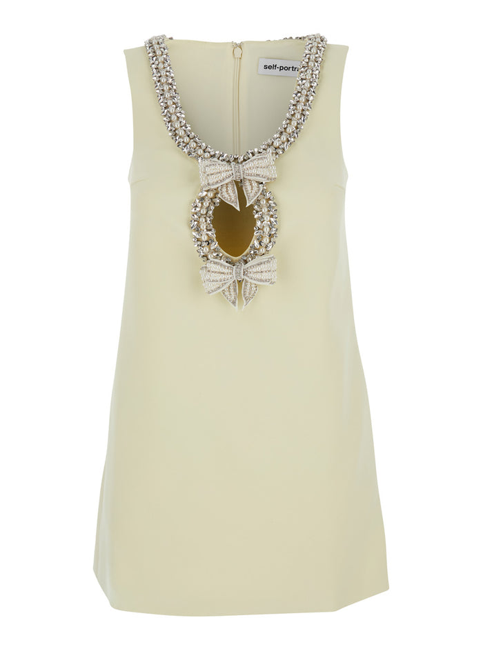 Yellow Crewneck Mini Dress With Jewel Embellishment On The Collar And Bow Detail Front Tech Fabric Woman Polyester