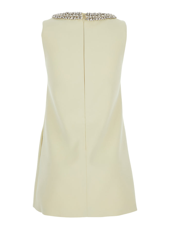 Yellow Crewneck Mini Dress With Jewel Embellishment On The Collar And Bow Detail Front Tech Fabric Woman Polyester
