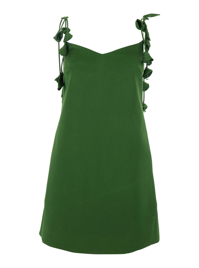 Green Mini Dress With V Neck And Shoulder Straps Floral Embellishments Tech Fabric Woman Polyester