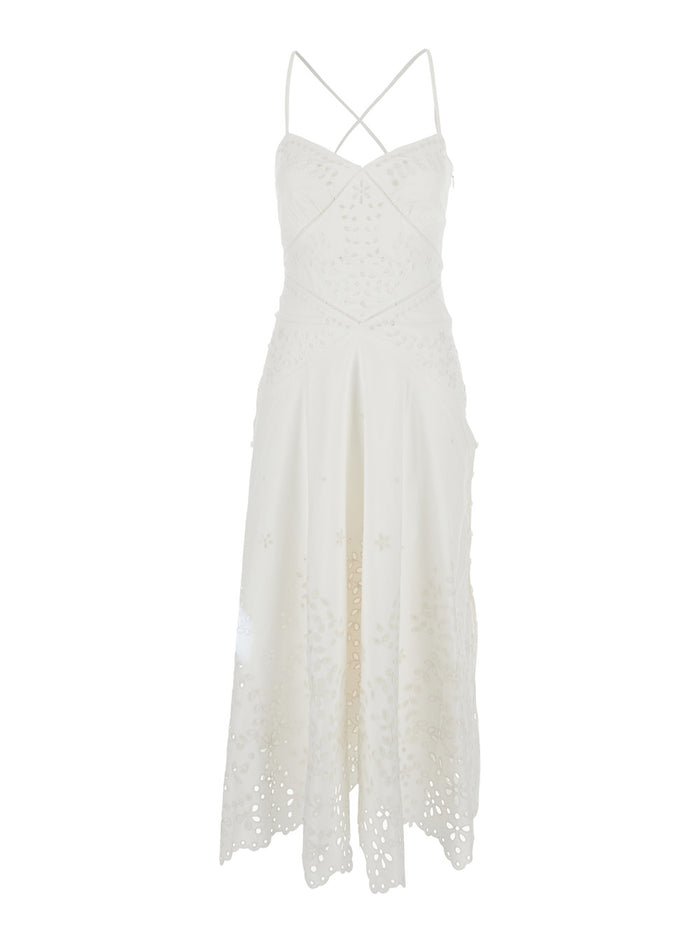 White Midi Dress With All-Over Embroidery And Scallop Hem Cotton Woman