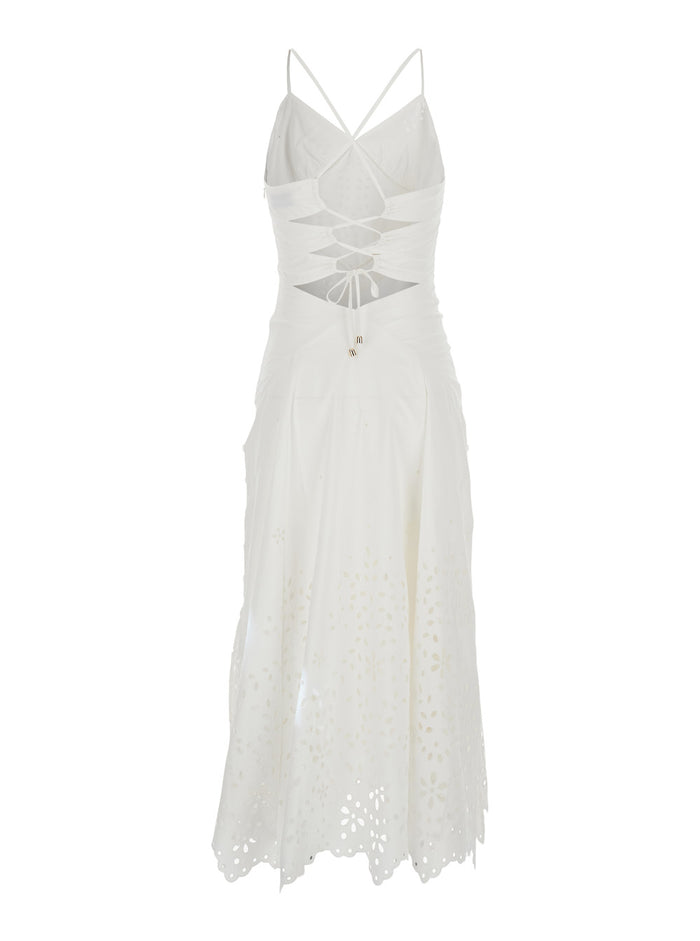 White Midi Dress With All-Over Embroidery And Scallop Hem Cotton Woman