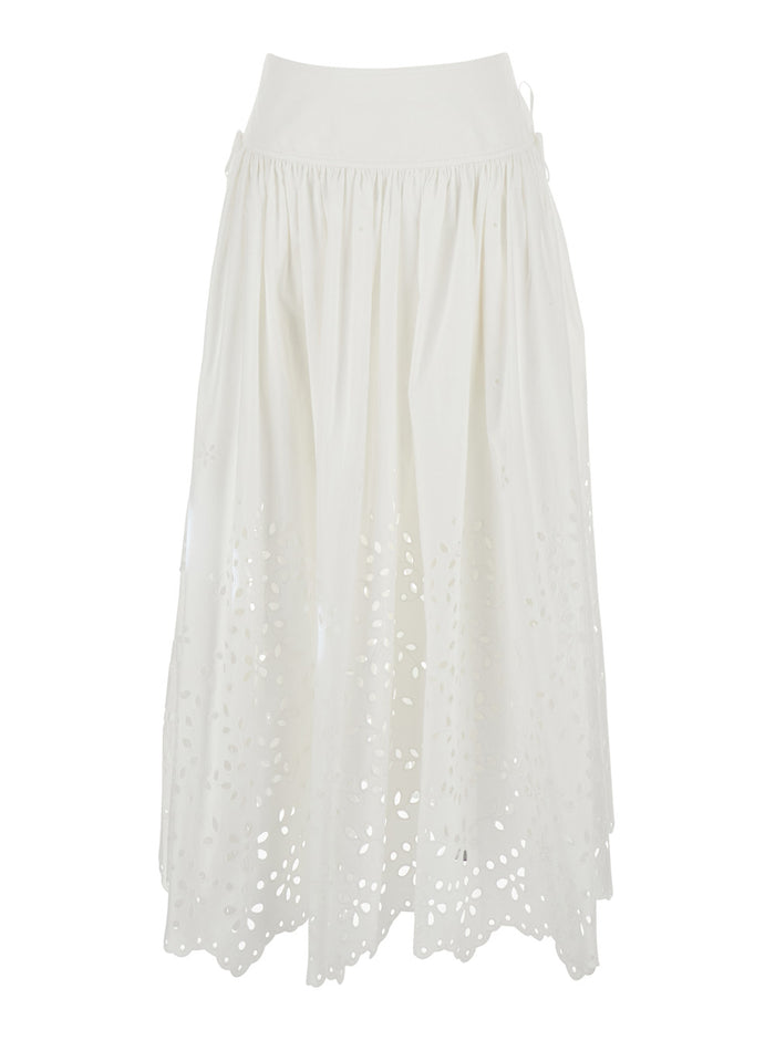 White Midi Skirt With Side Gathered Details And All-Over Embroidery Cotton Woman